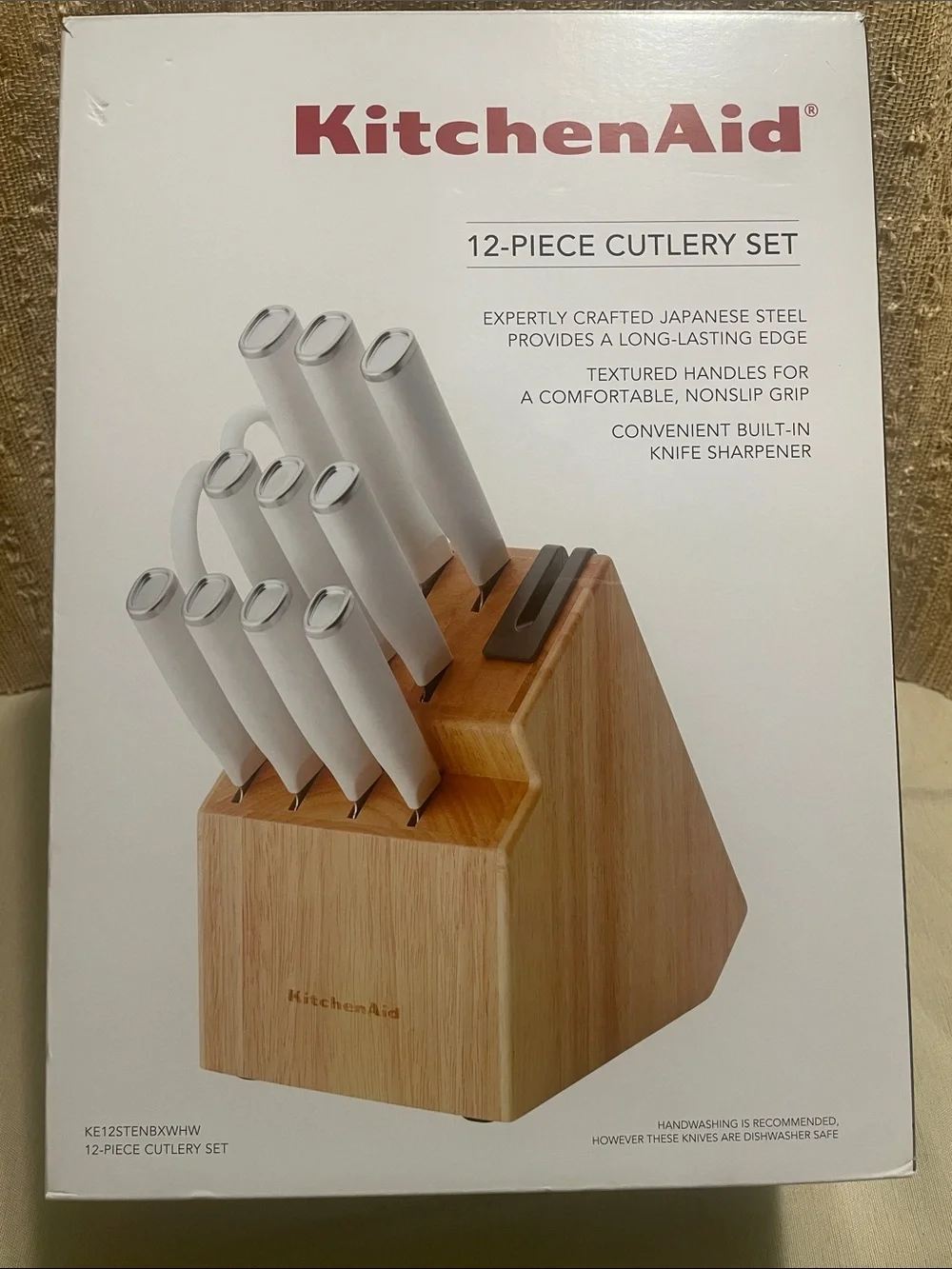 KitchenAid White Handle 12-Piece Knife Set with Wooden Block New